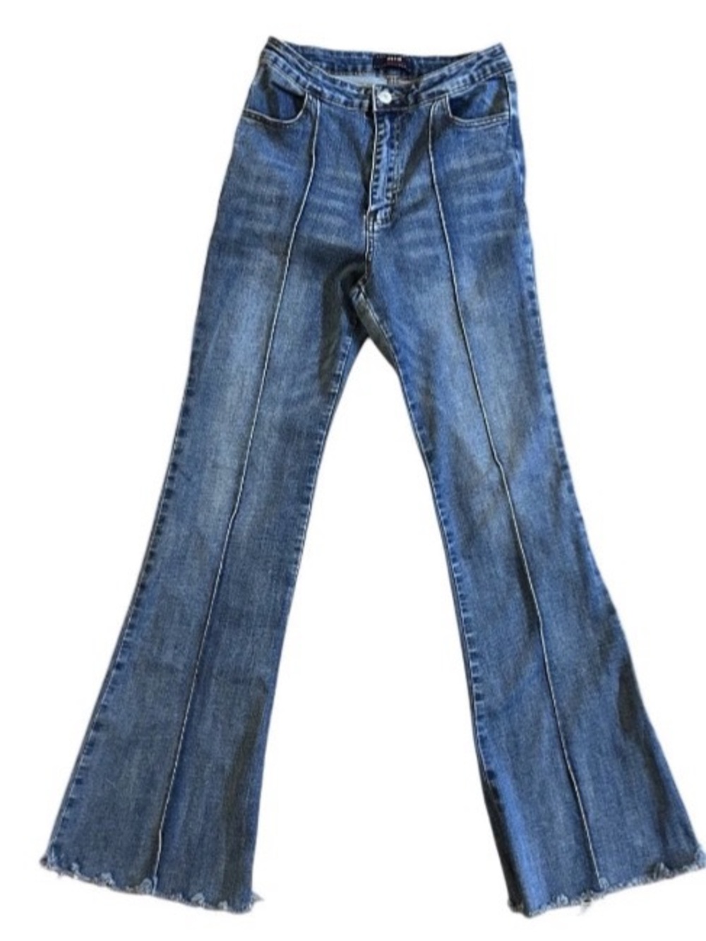 Jealous Tomato Flare Leg Blue Jeans High Rise Frayed Hems Boho Hippie Festival S